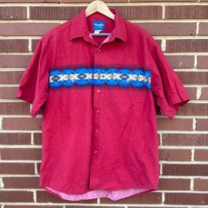 Vintage Wrangler Shirt Men’s‎ Cowboy Pearl Snap Western Aztec Native Red Blue